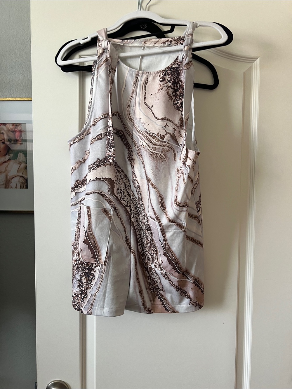 Marble-Print Sleeveless Jumpsuit Romper in Cream and Brown